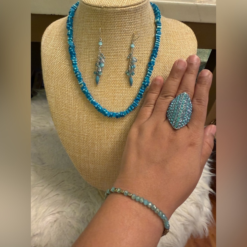 4 Piece Turquoise Blue Bead Necklace & Earring Set, Matching Bracelet and Ring